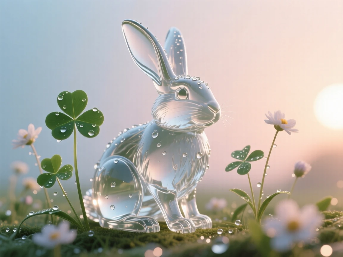A rabbit sitting alert among dew-covered clover, as wildflowers stretch toward the rising sun