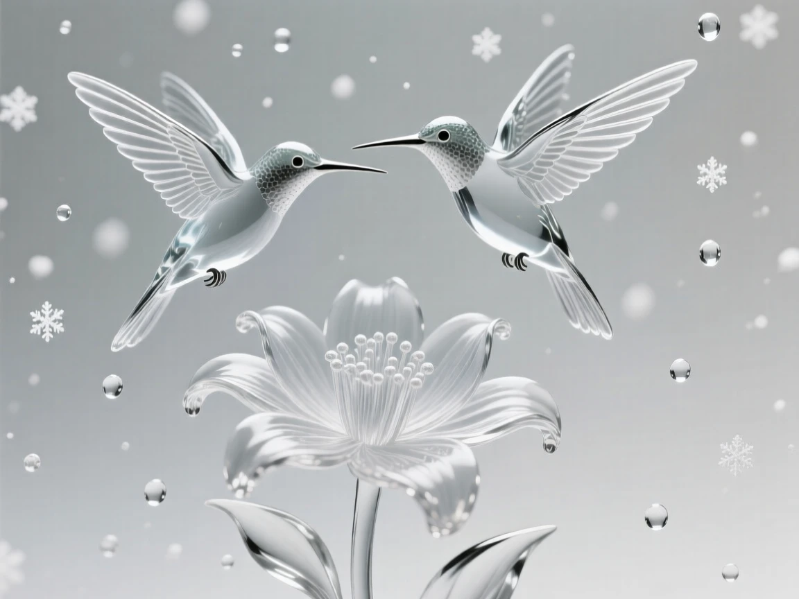 A pair of hummingbirds dueling in mid-air over a flower with the first snow of winter beginning to fall