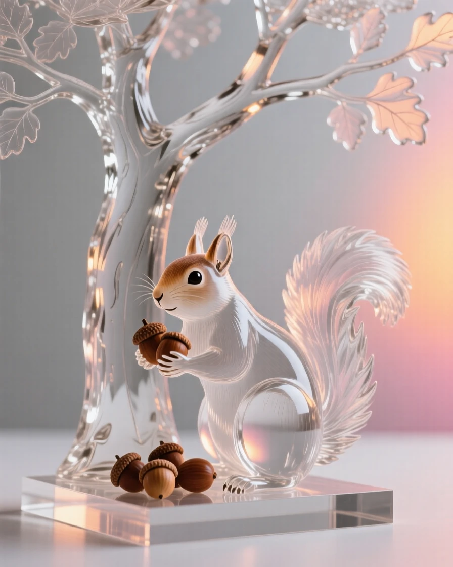 A squirrel gathering acorns beneath a towering oak beneath a sky streaked with the colors of sunset