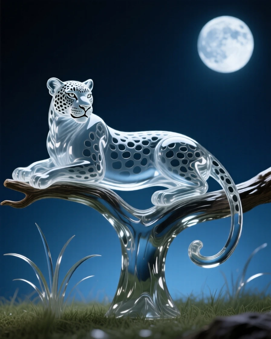 Under the watchful glow of a rising full moon, a leopard resting on a low tree branch overlooking the plains, while a soft wind stirs the surrounding grass