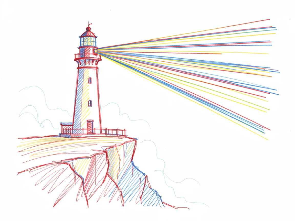 A grand cliffside lighthouse beam cutting through a foggy night