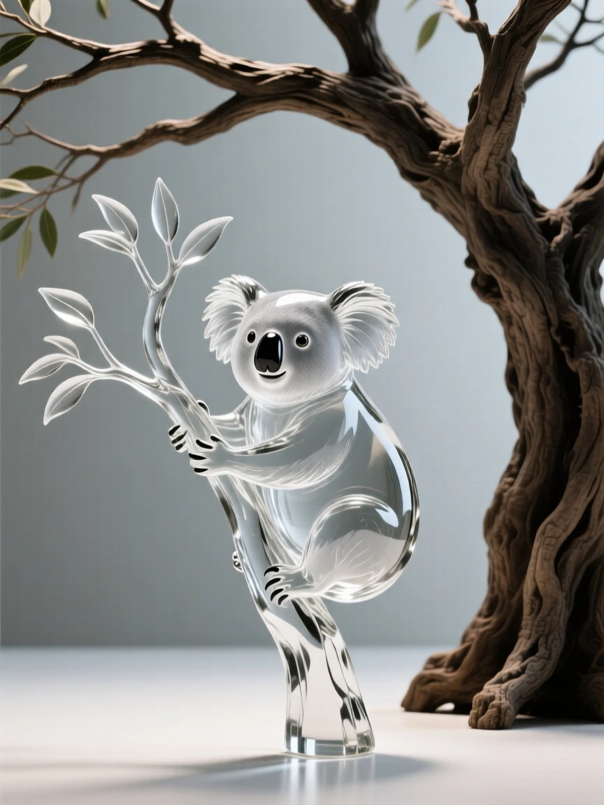 A koala clinging to a eucalyptus branch beneath the outstretched branches of an ancient tree