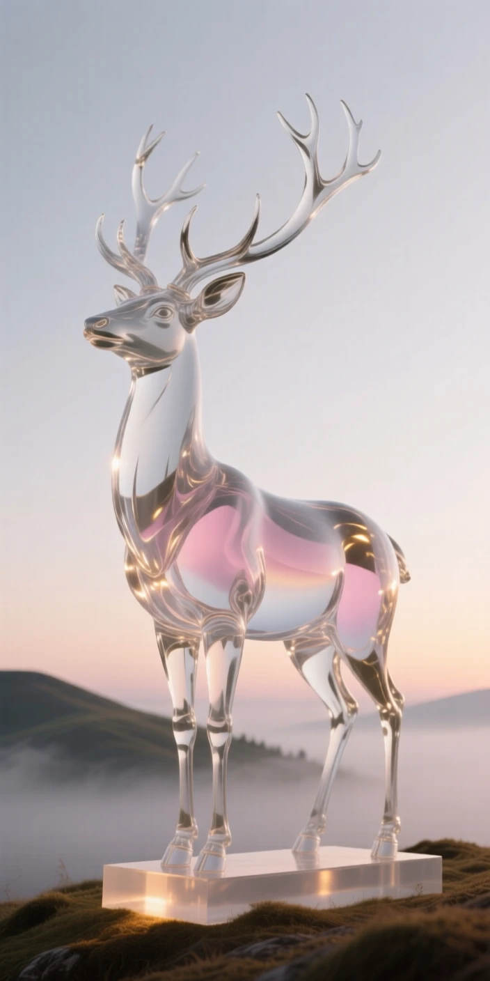 A stag standing tall on a misty hillside at dawn, beneath a sky streaked with the colors of sunset