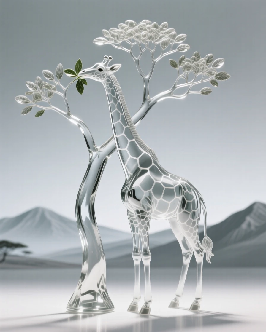 With distant mountains rising along the horizon, a giraffe reaching up to nibble leaves from a tall acacia tree