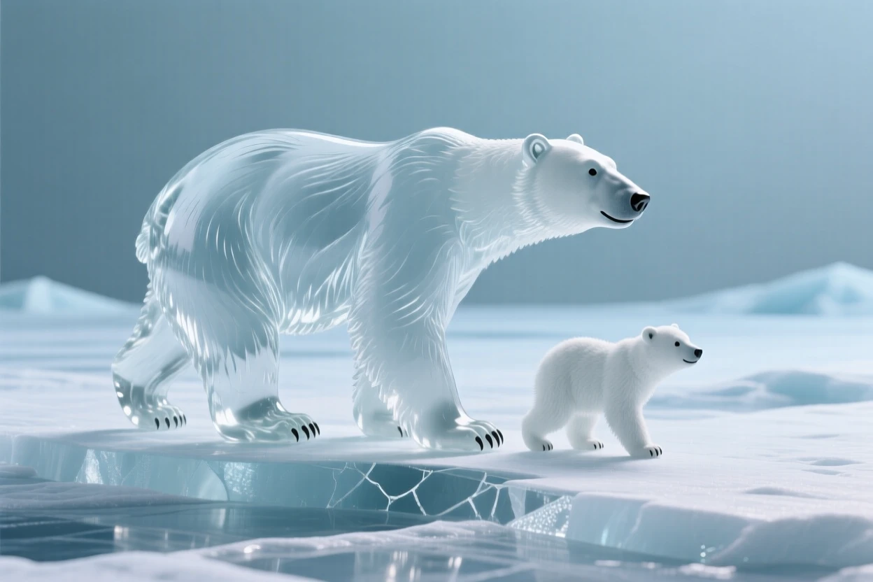 A polar bear and her cub walking across a vast ice field while snowflakes settle quietly on their fur