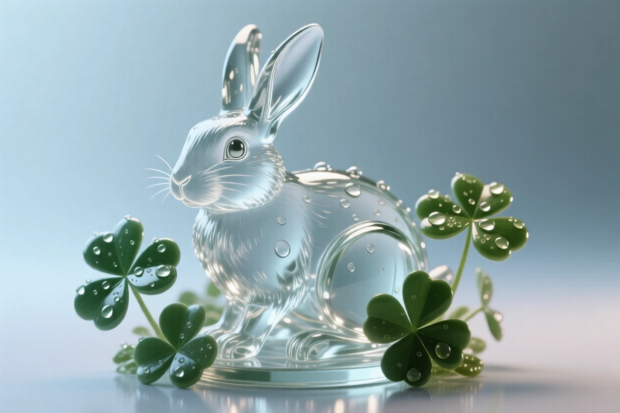 Beneath a sky filled with early morning stars, a rabbit sitting alert among dew-covered clover