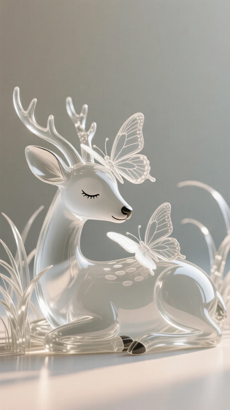 A butterfly resting on the nose of a sleeping fawn while a soft wind stirs the surrounding grass
