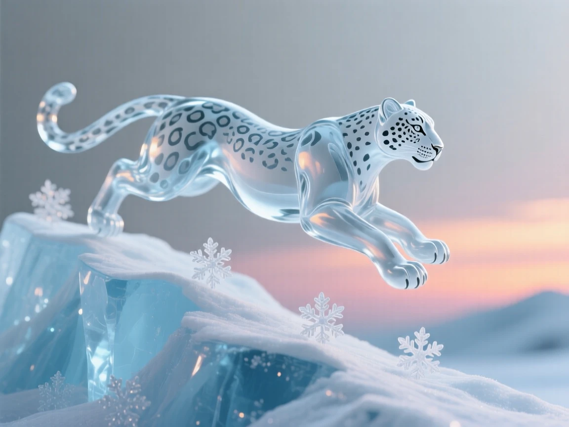 A snow leopard leaping across a frozen ridge beneath a sky streaked with the colors of sunset, while snowflakes settle quietly on their fur