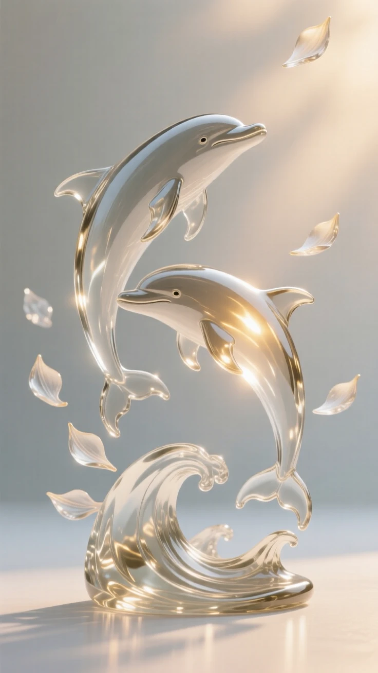 As golden light breaks through the morning mist, a pair of dolphins leaping side by side above the waves, while petals drift slowly through the air