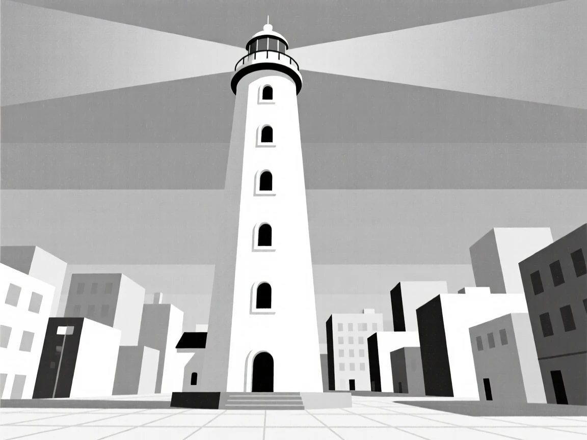A view looking up at a lighthouse tower from a bustling downtown plaza, with rows of arched windows in frame, evoking peaceful order.
