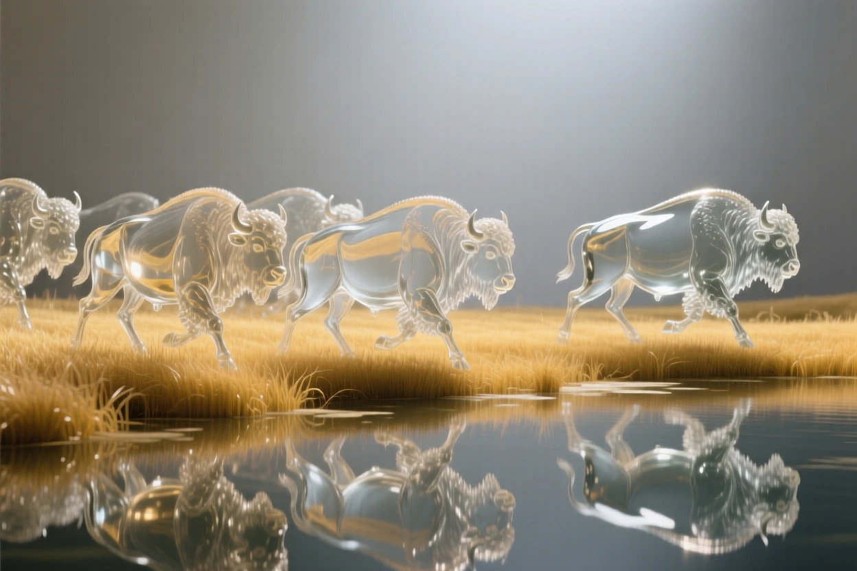 A herd of bison moving across a golden prairie beside the edge of a quiet, mirror-still lake, while the sound of distant thunder rolls across the valley
