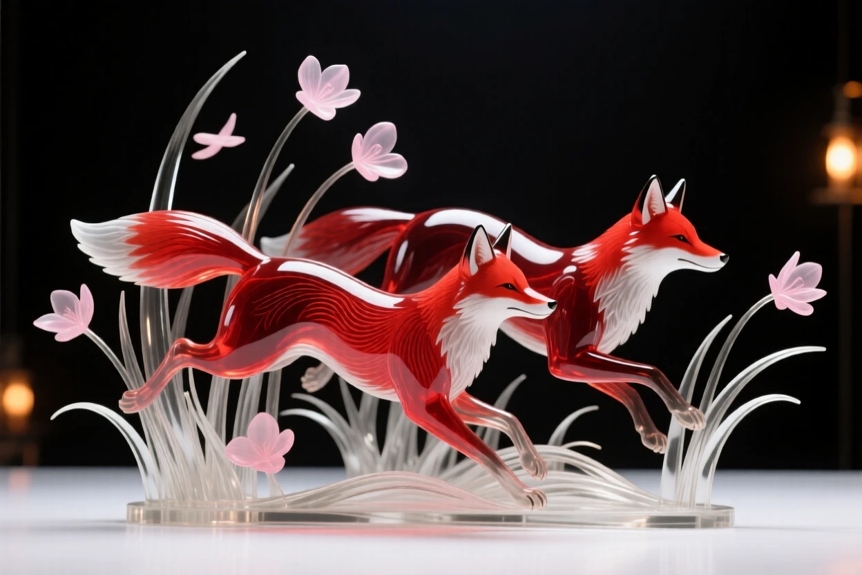 A pair of red foxes chasing each other through tall grass while petals drift slowly through the air