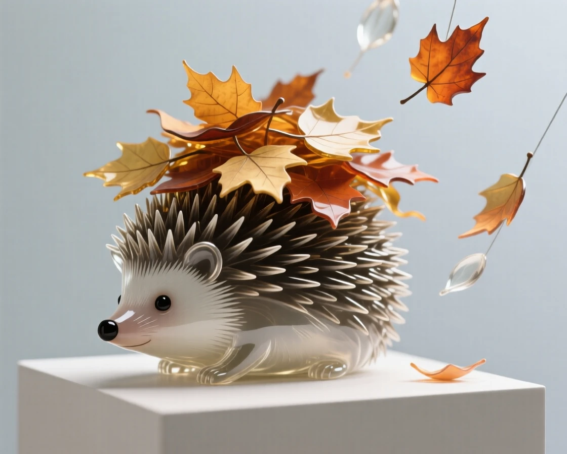 A hedgehog curled beneath a pile of autumn leaves while petals drift slowly through the air