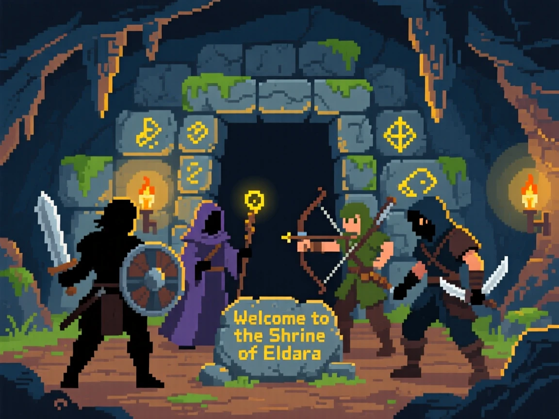 A party of four adventurers discovering a hidden shrine deep underground, in a retro-style fantasy kingdom.