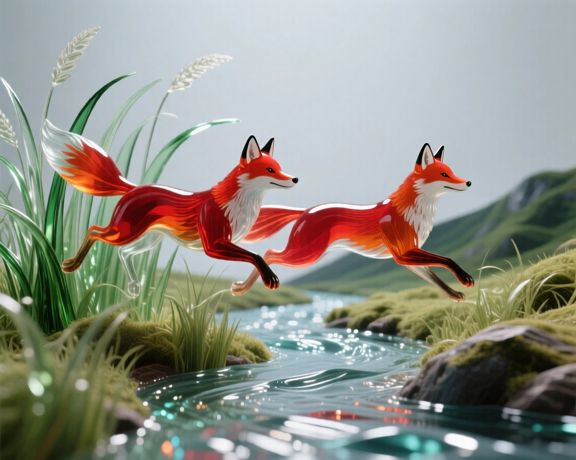 A pair of red foxes chasing each other through tall grass, beside a sparkling stream winding through the valley