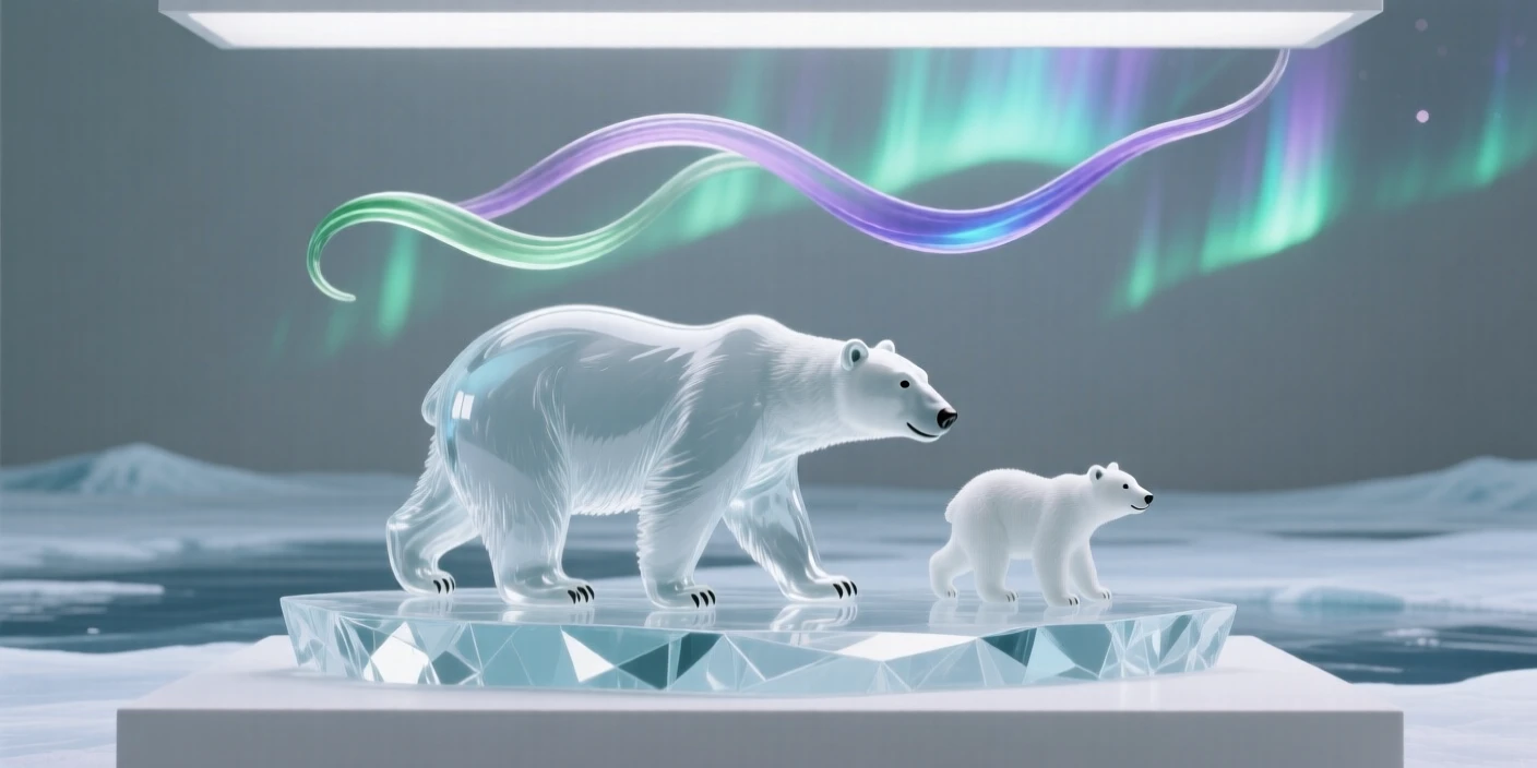 With the northern lights dancing faintly overhead, a polar bear and her cub walking across a vast ice field, while morning dew clings to every blade of grass