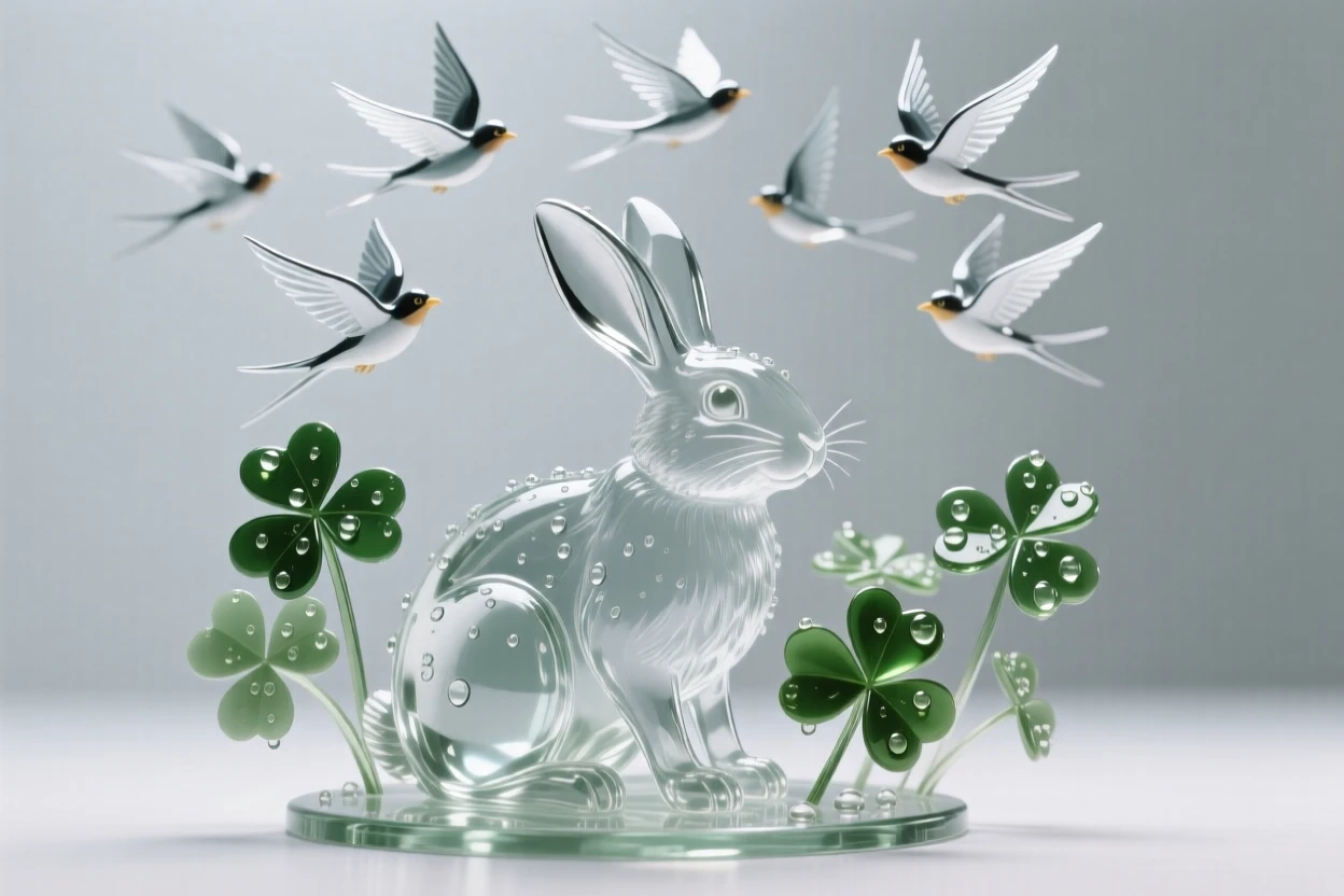 A rabbit sitting alert among dew-covered clover while a flock of birds rises suddenly into flight