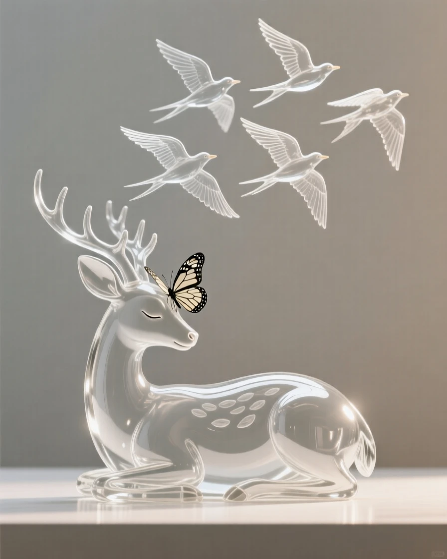 While migratory birds pass overhead in formation, a butterfly resting on the nose of a sleeping fawn