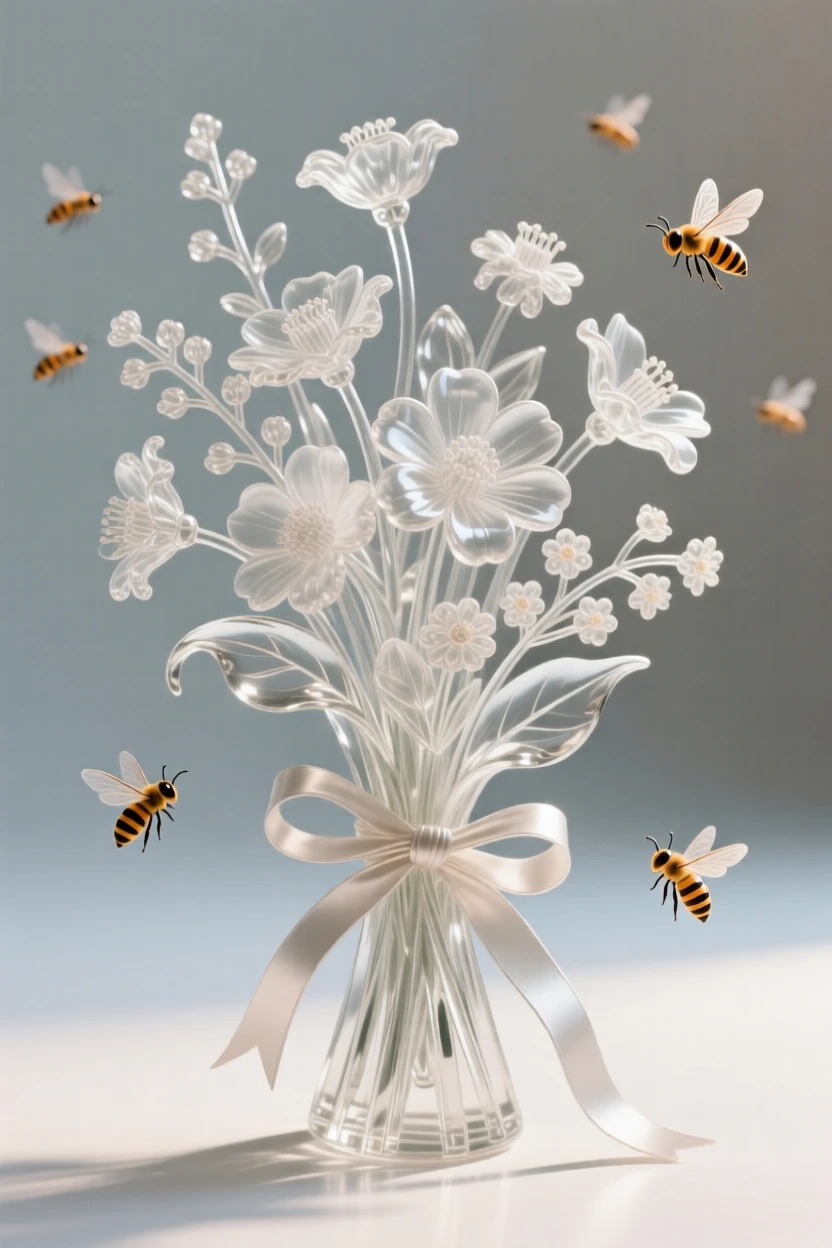 With bees drifting slowly from bloom to bloom, a bouquet of wildflowers tied loosely with a length of ribbon
