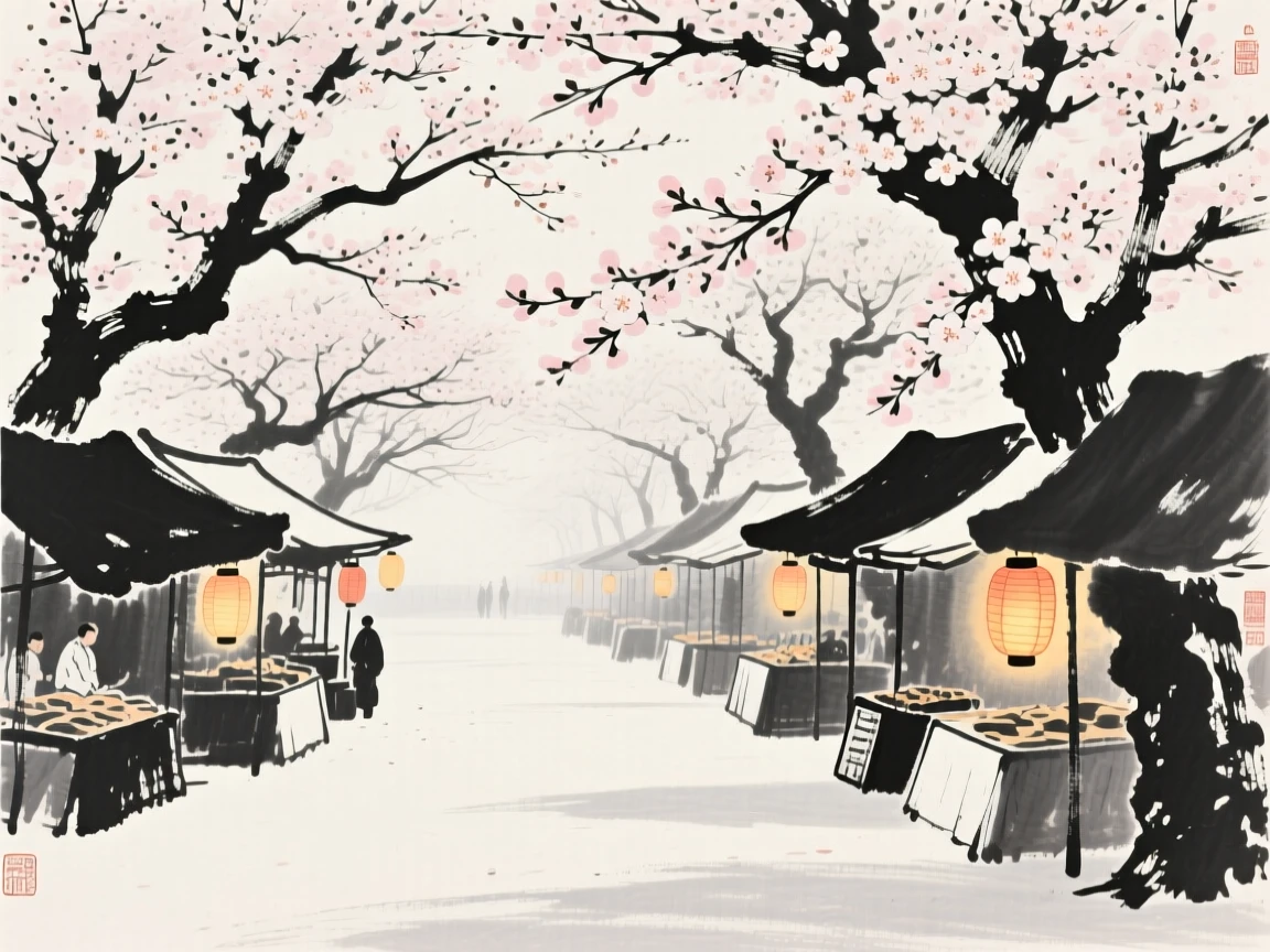 A spring morning market beneath blossoming trees beneath a canopy of blossoming trees, composed with warm lantern light glowing against a cool evening, suggesting nostalgia and gentle celebration.
