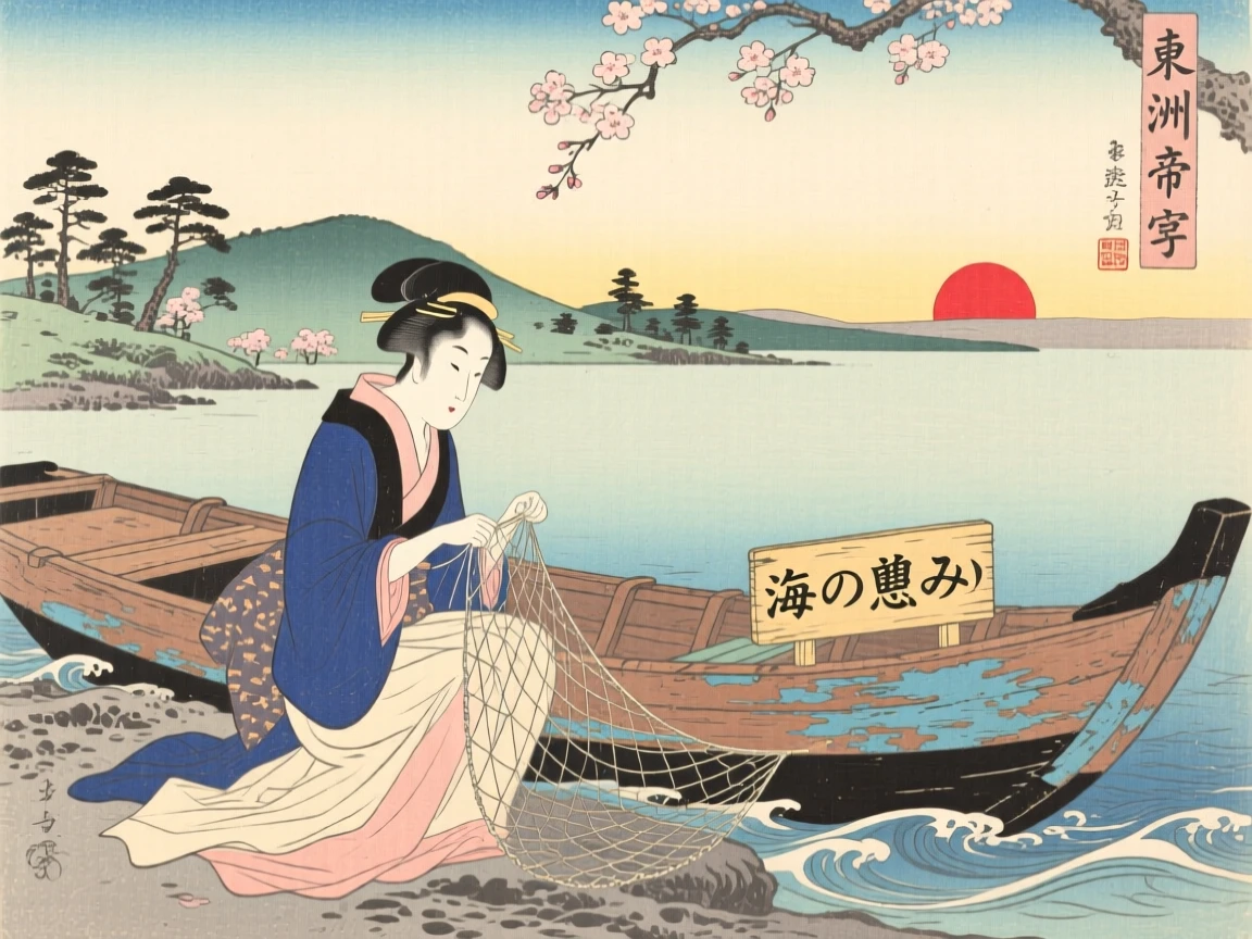 An elegant woman in flowing robes mending a net beside a weathered boat.