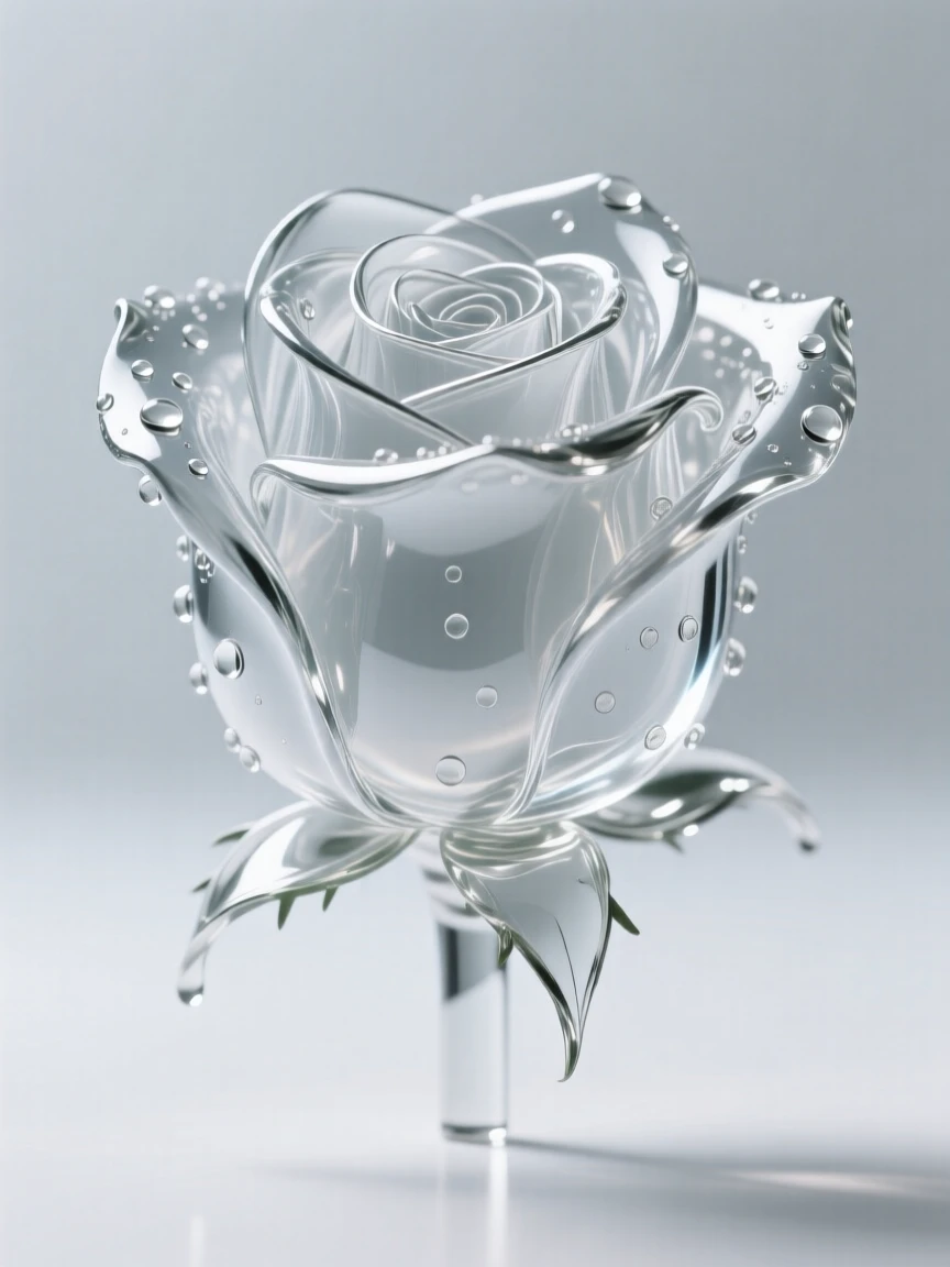 A single rose in full bloom with petals just beginning to unfurl, with dew still clinging to every petal