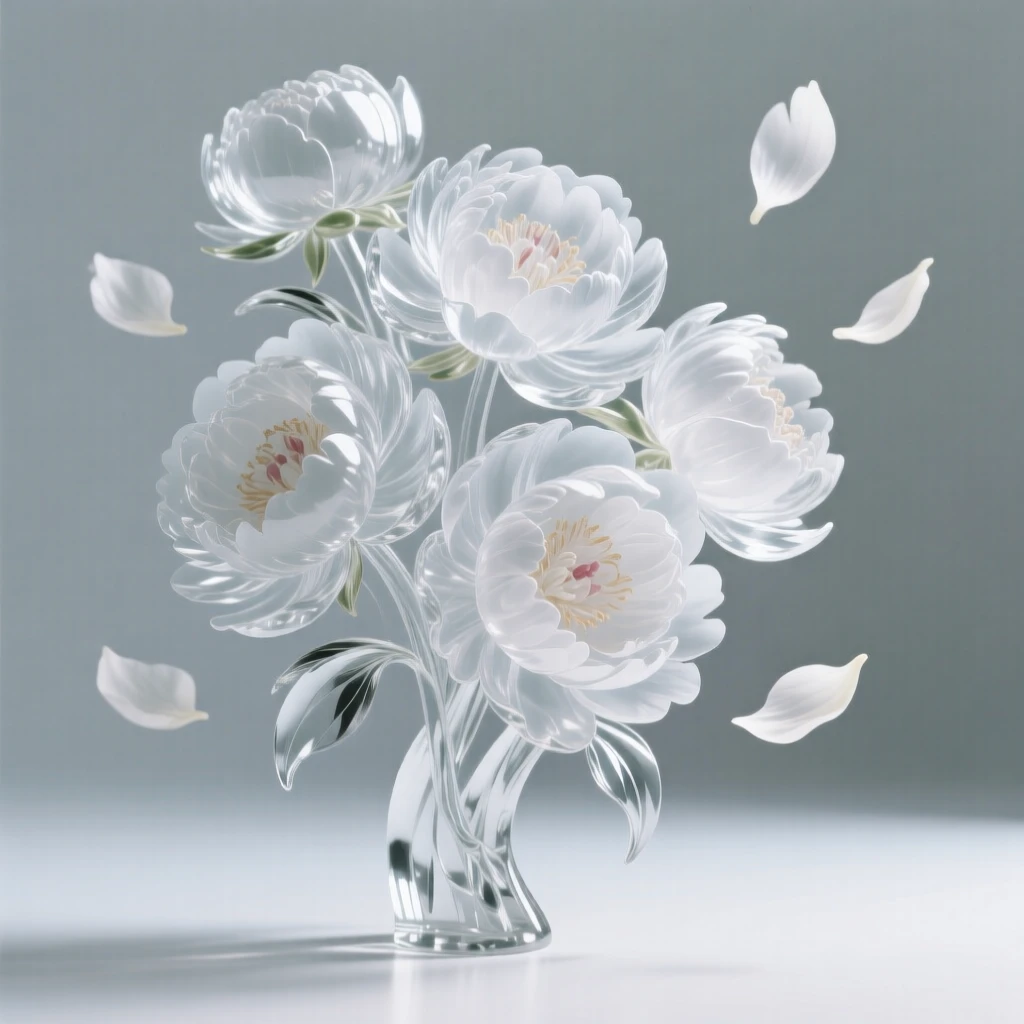 A cluster of peonies heavy with their own blooms as a gentle breeze carries loose petals through the air