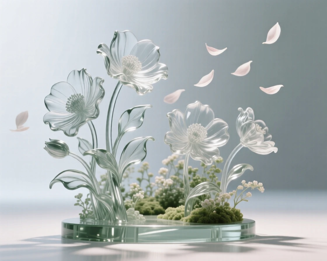 As a gentle breeze carries loose petals through the air, a hidden garden filled with oversized blooming flowers