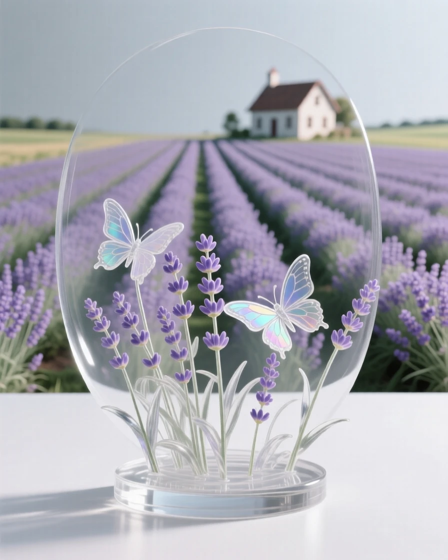A field of lavender rows converging toward a distant farmhouse with butterflies resting lightly among the blossoms