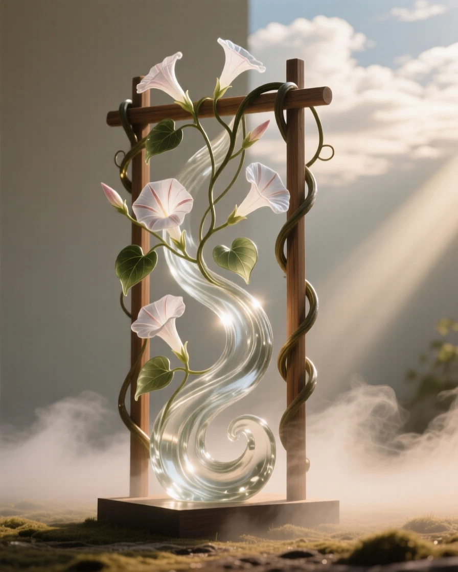 With mist rising gently from the surrounding ground, a vine of morning glories winding around a wooden trellis, while sunlight breaks briefly through passing clouds