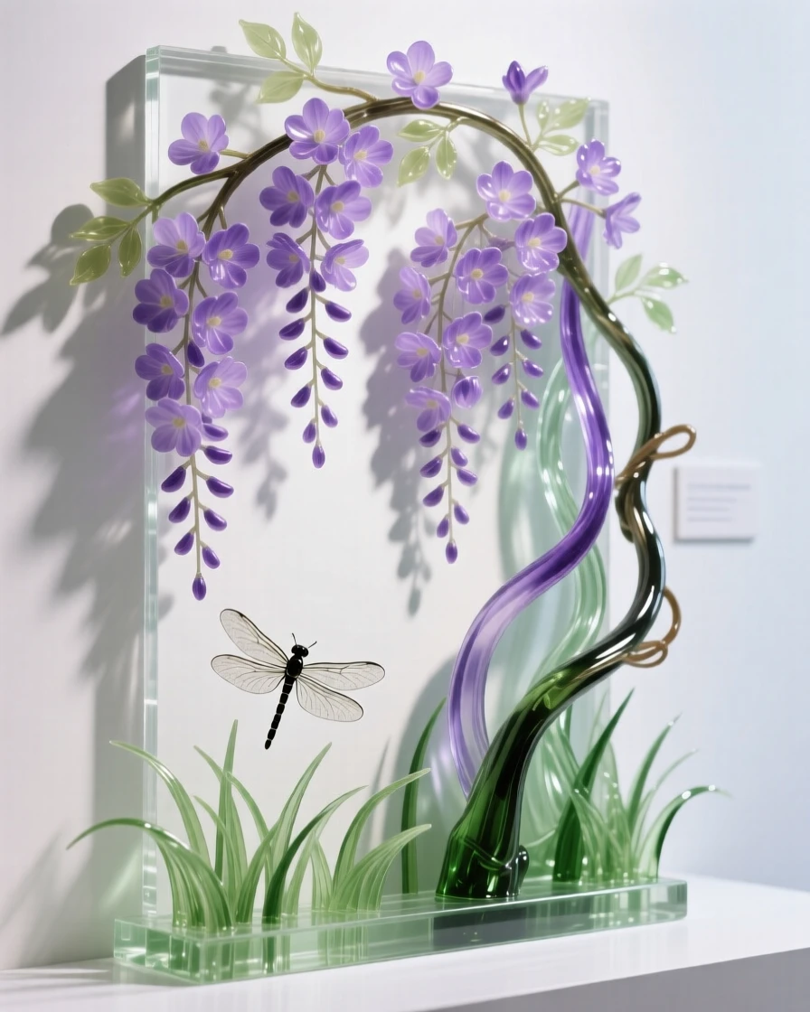 A wall of climbing wisteria cascading in violet ribbons while dragonflies hover just above the surrounding grass