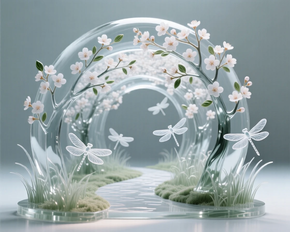 A canopy of blossoming trees forming a tunnel over a path while dragonflies hover just above the surrounding grass