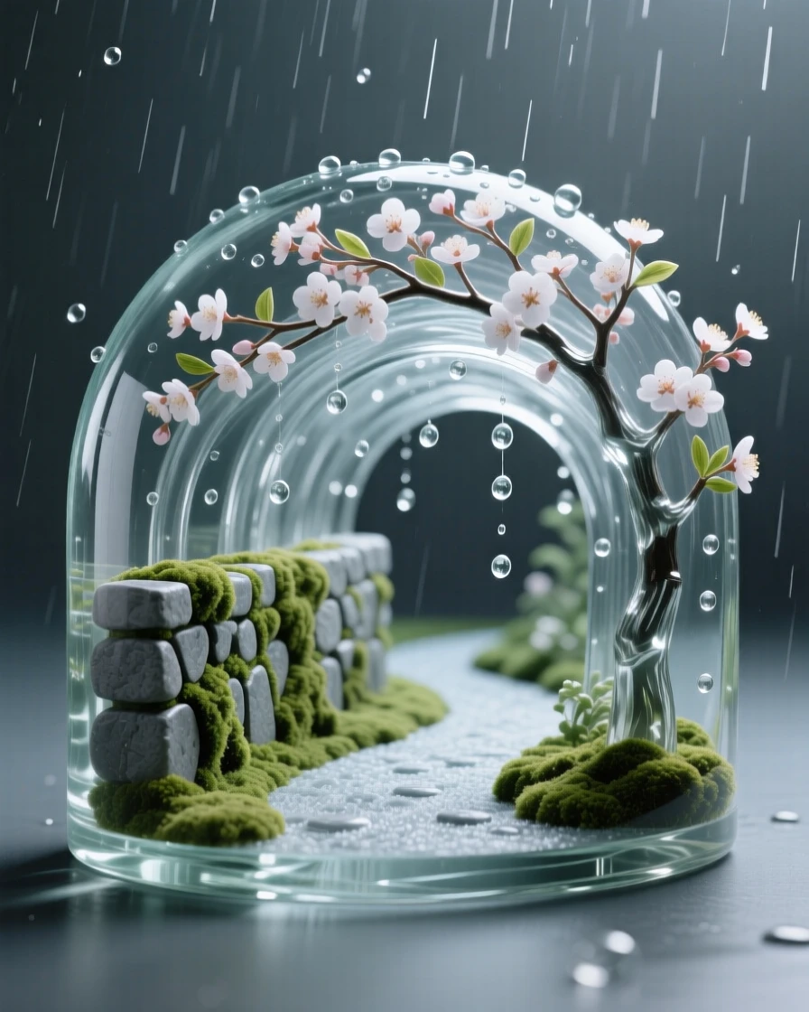 Beside a low stone wall covered in moss, a canopy of blossoming trees forming a tunnel over a path, while a light rain begins to fall across the garden