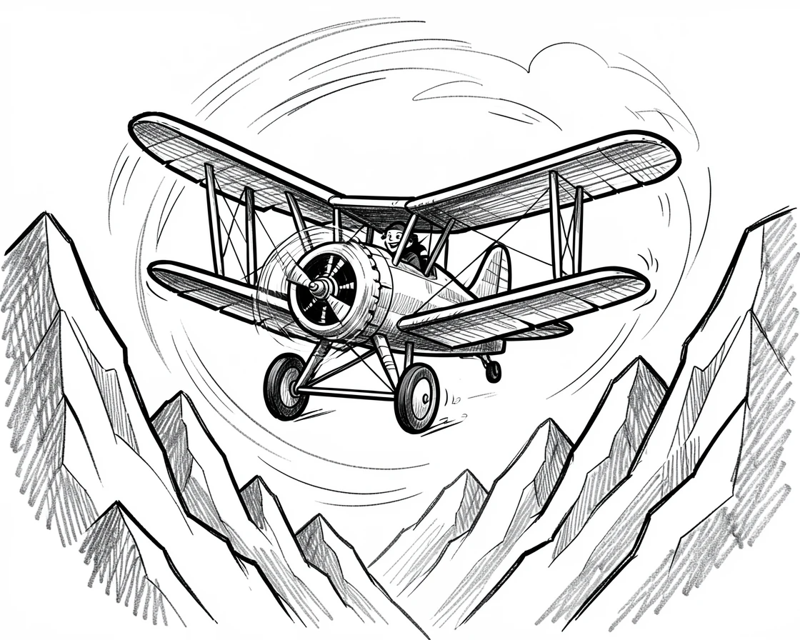 A biplane doing a loop in the sky chugging through a mountain pass.