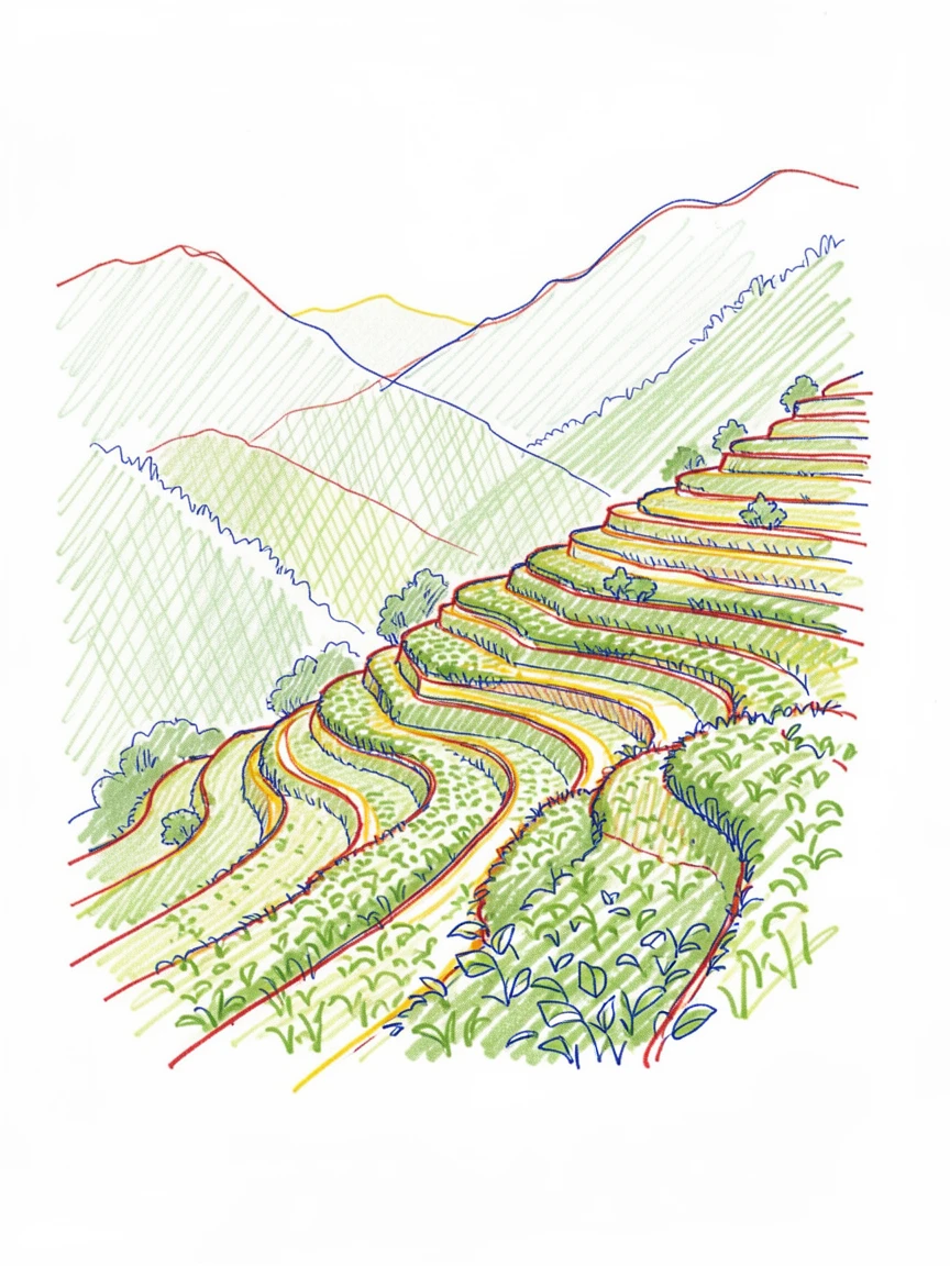 A traditional terraced tea garden climbing a misty green mountainside