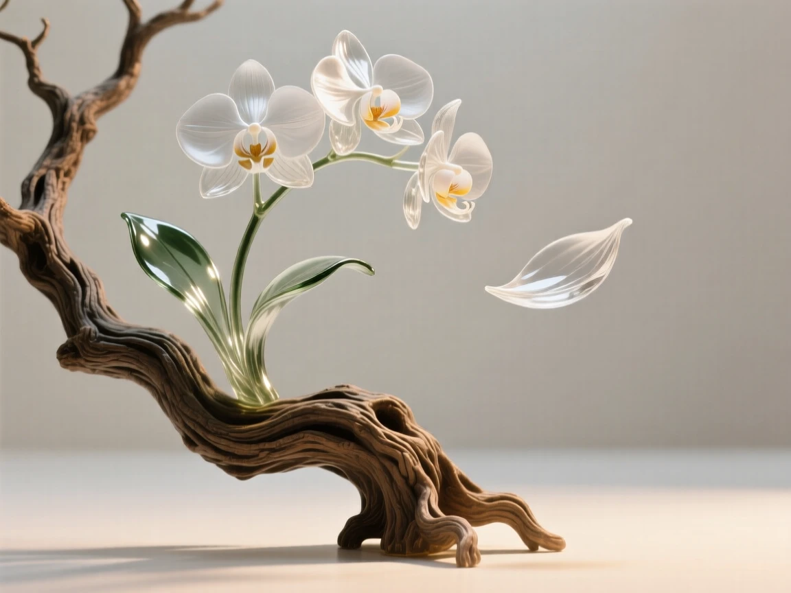 An orchid growing from the crook of an ancient tree beneath a sky painted in soft pastel colors, while a single petal drifts free on the breeze