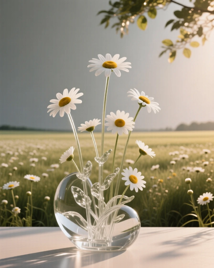 A meadow of wild daisies stretching to the horizon, as morning light filters through the surrounding leaves