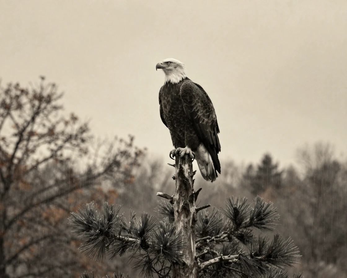 A bald eagle perched atop a tall dead pine tree, in gentle diffused daylight, under a light drizzle, in late autumn, with stark black-and-white contrast softened by a single warm hue, through a rain-streaked window.