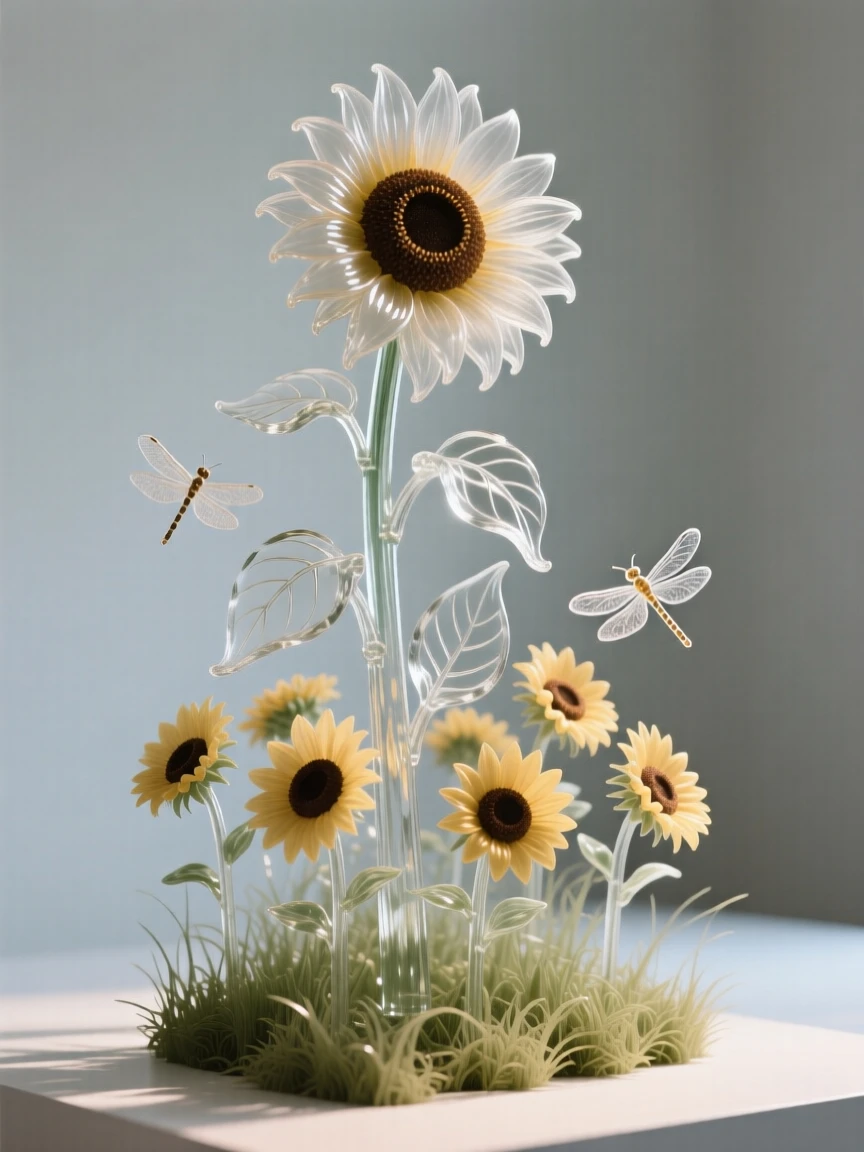 As a gentle breeze carries loose petals through the air, a towering sunflower standing above a field of shorter blooms, while dragonflies hover just above the surrounding grass