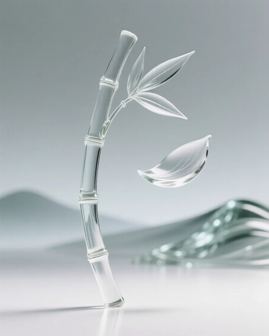 A single stem of bamboo bending gracefully in the wind with distant hills rolling into the horizon, while a single petal drifts free on the breeze
