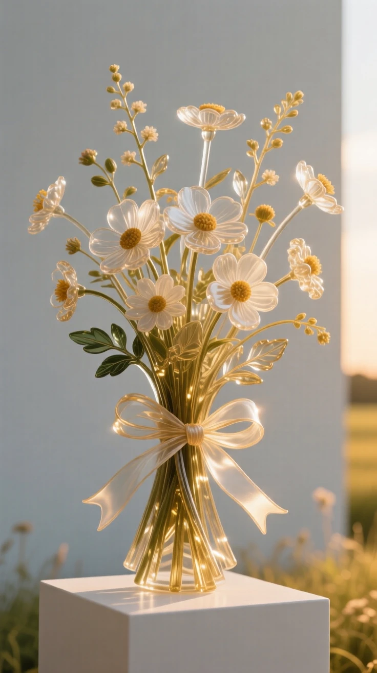 A bouquet of wildflowers tied loosely with a length of ribbon as golden hour light spills across the field