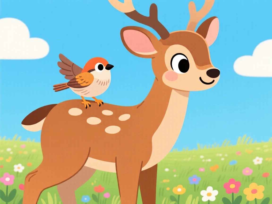 A tiny sparrow riding on the back of a grazing deer.
