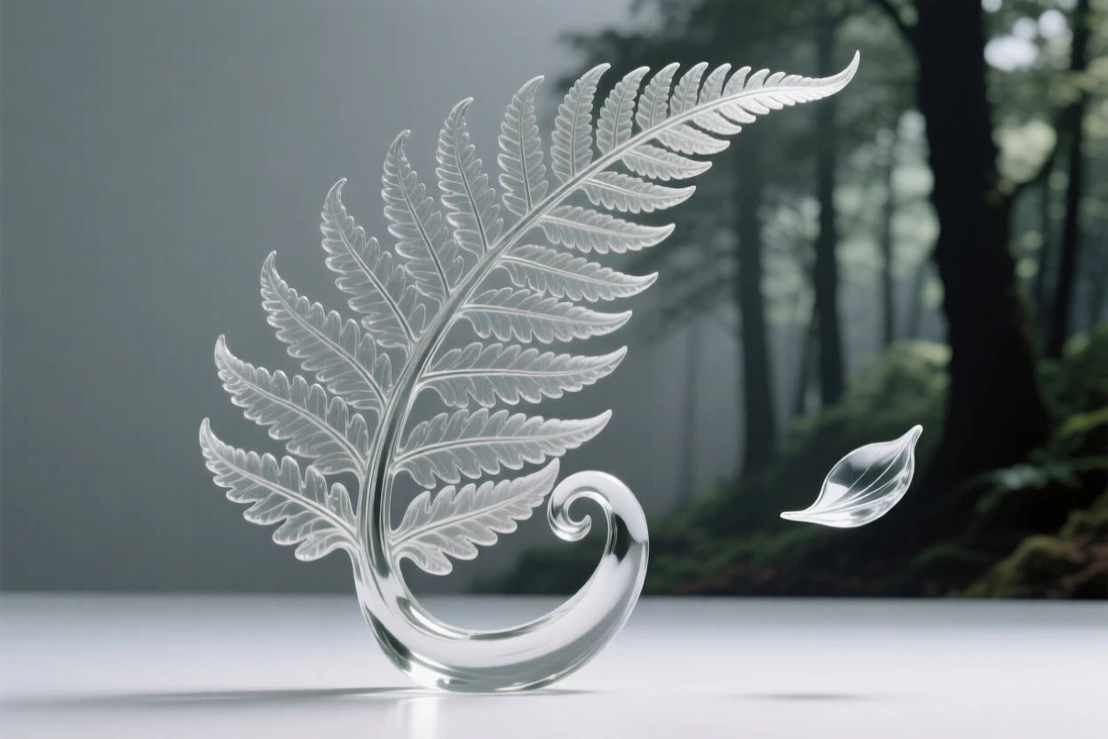 Beneath a sky painted in soft pastel colors, a fern unfurling its fronds in a shaded forest grove, while a single petal drifts free on the breeze