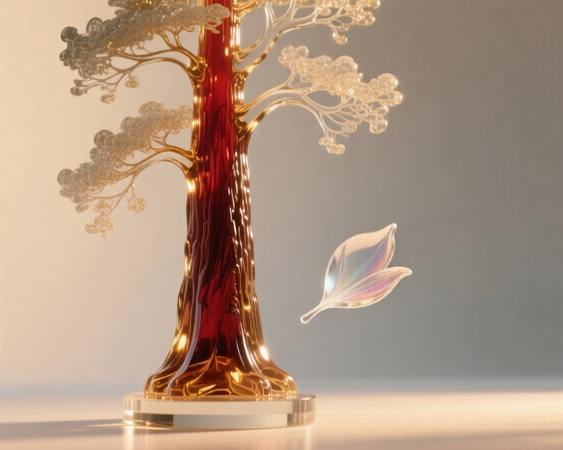 As golden hour light spills across the field, a giant redwood tree towering above the surrounding forest, while a single petal drifts free on the breeze