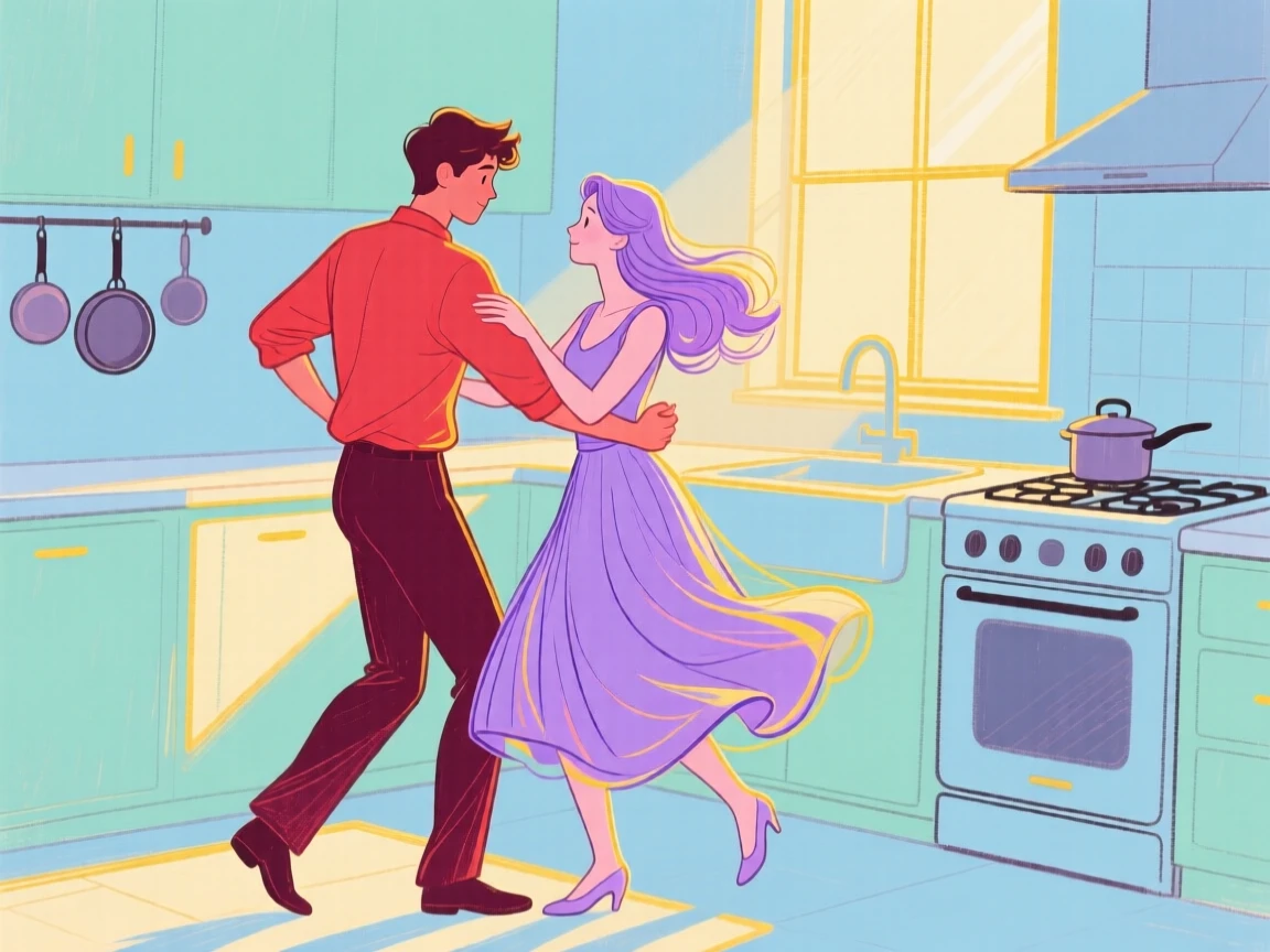 A young couple dancing in a softly lit kitchen.