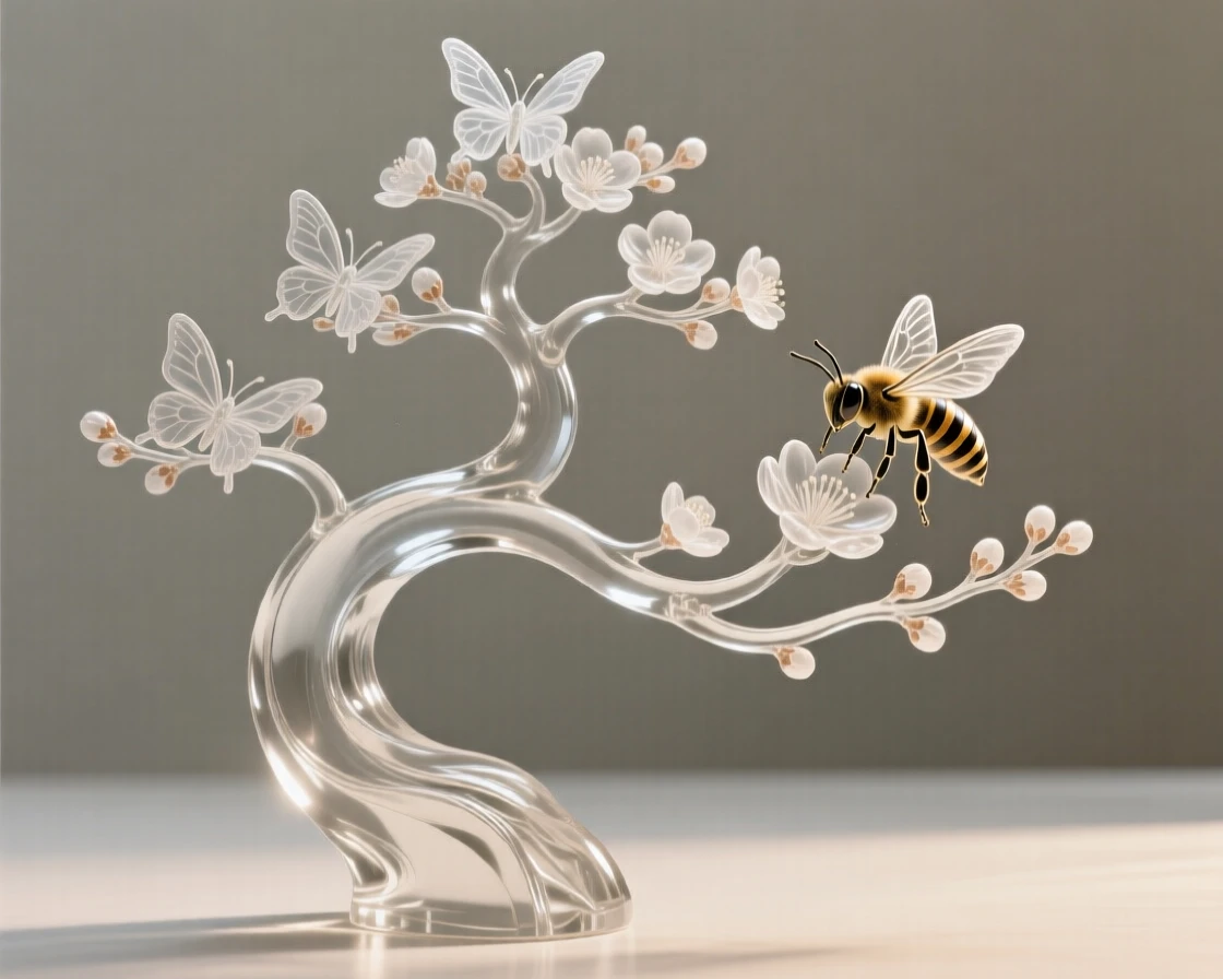 A bonsai tree shaped over decades into a graceful curve with butterflies resting lightly among the blossoms, while a bee lands softly on the nearest bloom