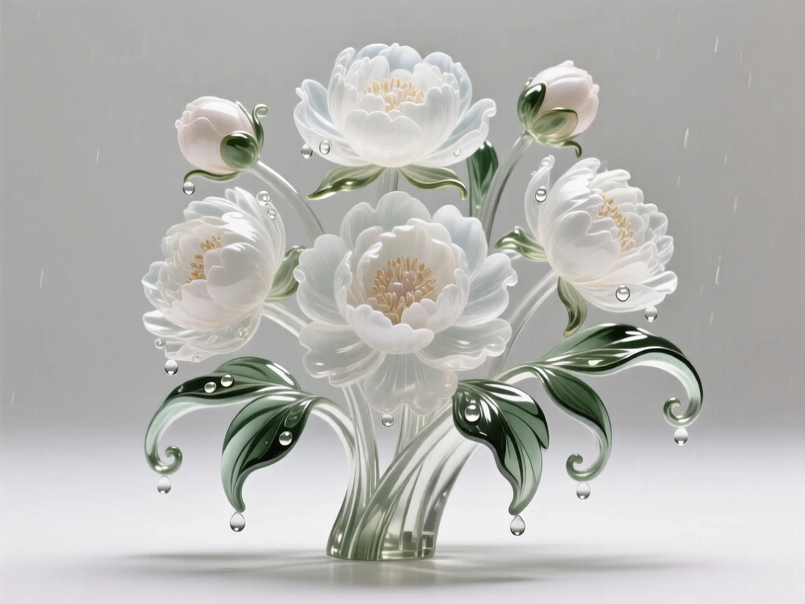 As raindrops linger on curling leaves, a cluster of peonies heavy with their own blooms, while the fragrance of blossoms fills the still air