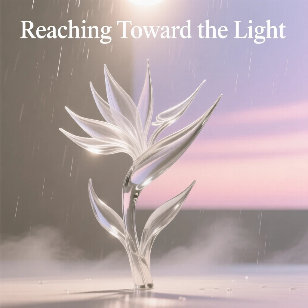A bird of paradise flower reaching upward toward the light beneath a sky painted in soft pastel colors, while a light rain begins to fall across the garden