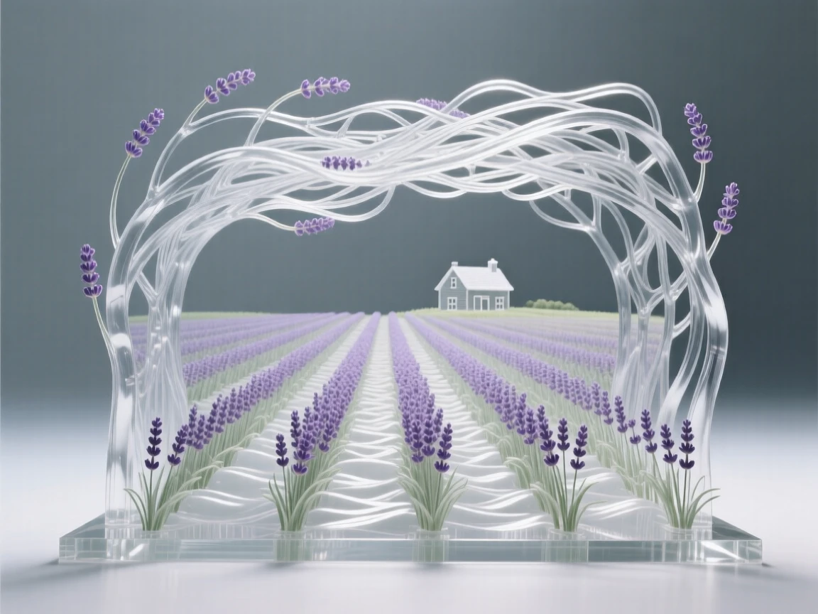 A field of lavender rows converging toward a distant farmhouse beneath a canopy of intertwining branches
