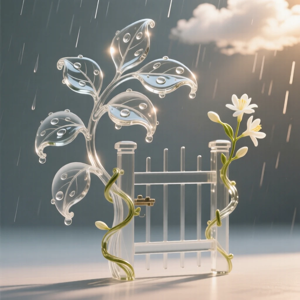 As raindrops linger on curling leaves, a jasmine vine wrapped delicately around a garden gate, while sunlight breaks briefly through passing clouds